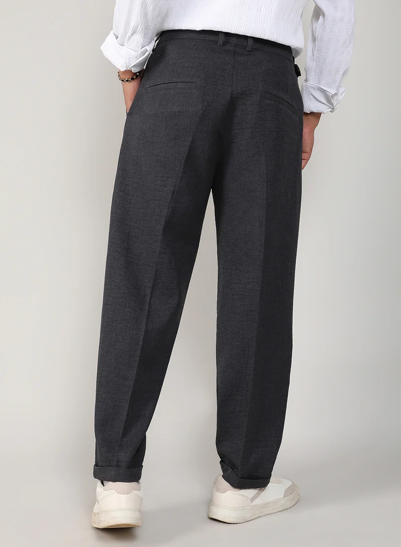 Campus Sutra  Men's Charcoal Black Tailored Linen-Blend Trousers For Casual Wear | Tailored Fit | 4 Pockets | Hook Closure | Trousers Crafted With Comfort Fit For Everyday Wear for Men | Best Price UAE